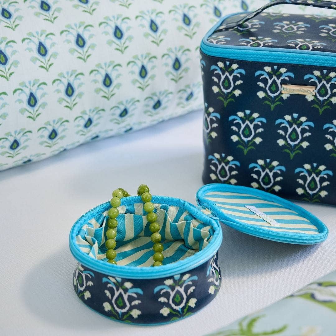 Rosemary Indigo Train Case by Laura Park Designs, a stylish gifts organizer with a vibrant blue and white pattern.