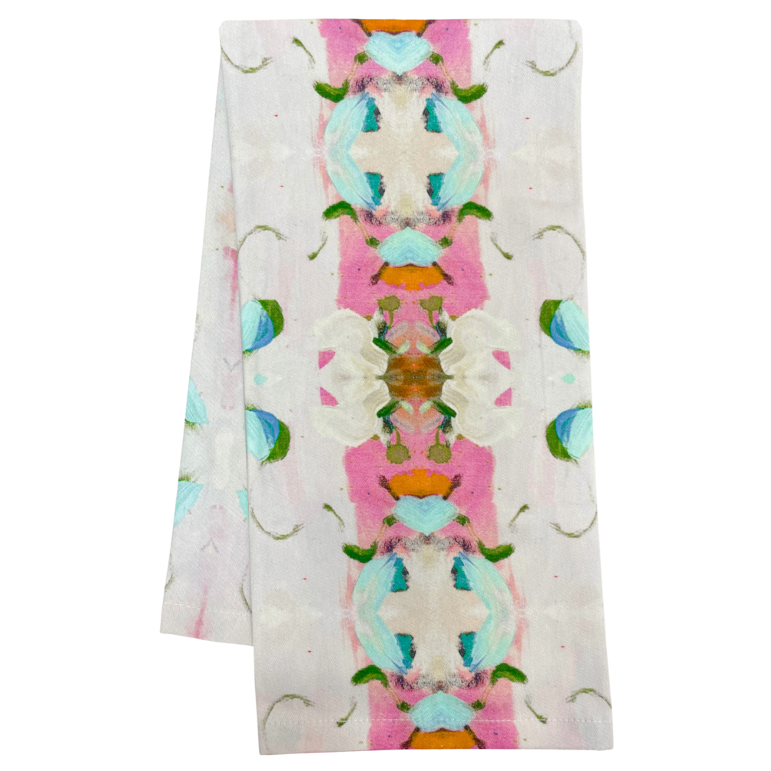 Laura Park Designs Monet's Garden pink tea towel with floral pattern, ideal for home kitchen decor and hand drying.