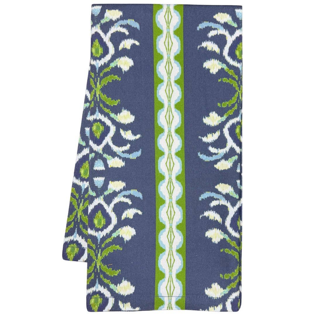 Indigo tea towel with rosemary stripe pattern from Laura Park Designs, made of soft fabric for kitchen use.