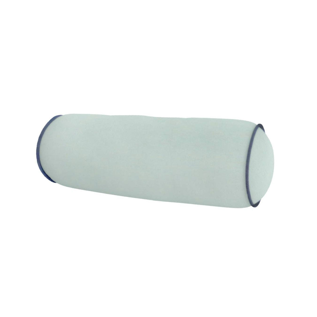 Velvet bolster pillow in deep blue with elegant stitching, designed for home decor by Laura Park Designs.