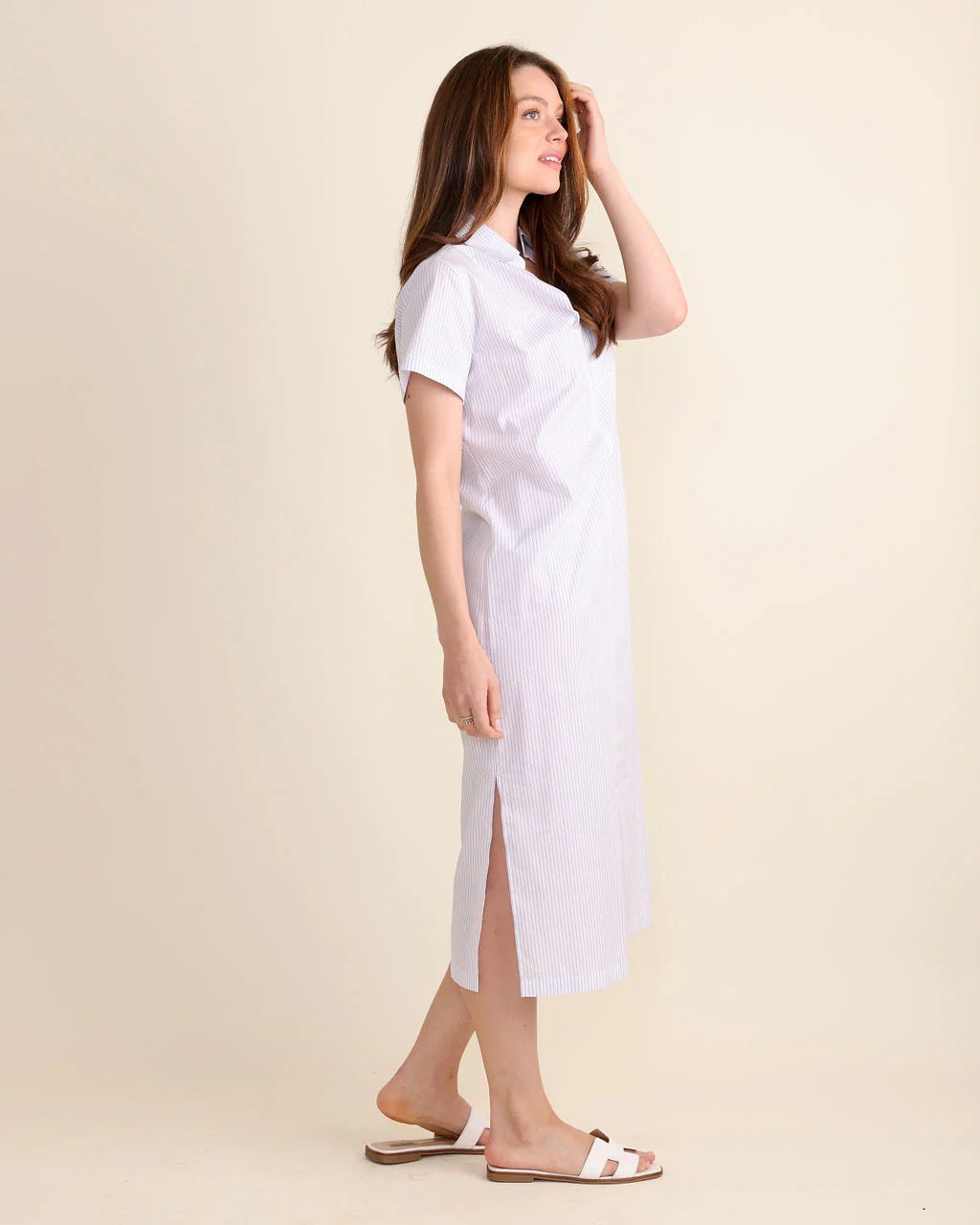 Le Marais Kiawah Blue Stripe Dress showing a stylish, lightweight dress with blue and white stripes, perfect for casual wear.