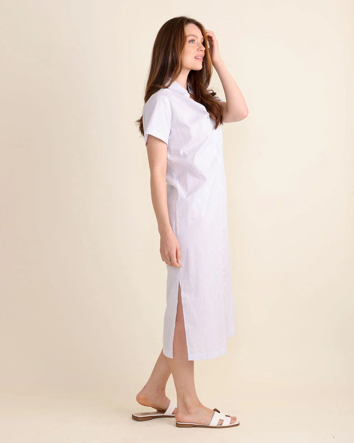 Le Marais Kiawah Blue Stripe Dress showing a stylish, lightweight dress with blue and white stripes, perfect for casual wear.