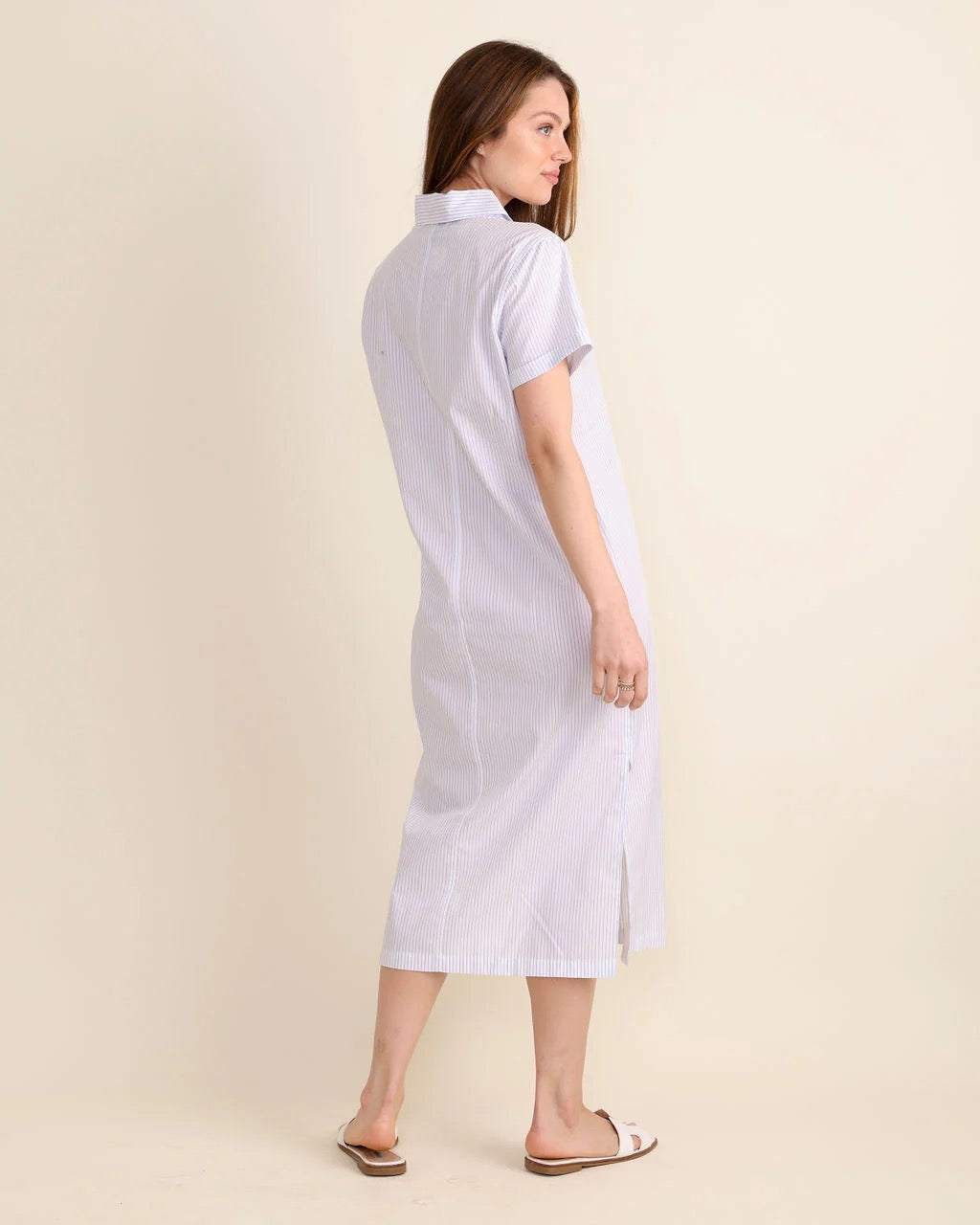 Le Marais Kiawah Blue Stripe Dress with short sleeves and knee-length design, featuring a stylish blue and white striped pattern.