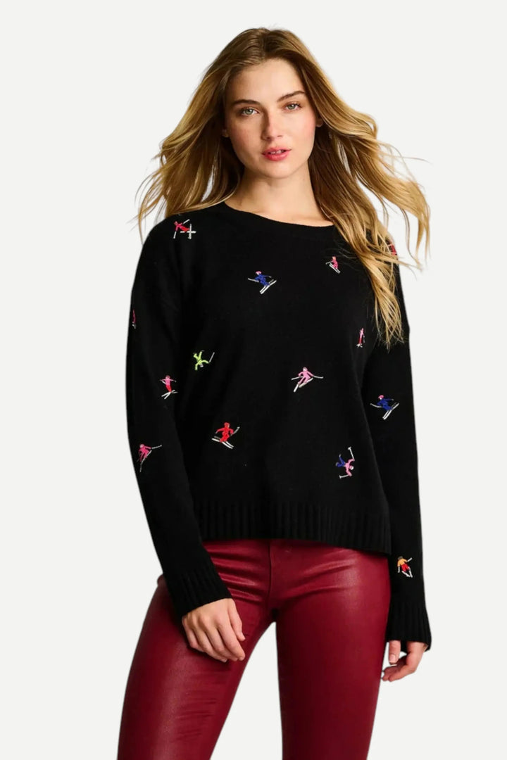 Lisa Todd International Hit The Slopes sweater, cozy tops with ski-inspired design, featuring warm knit fabric and winter-inspired details.