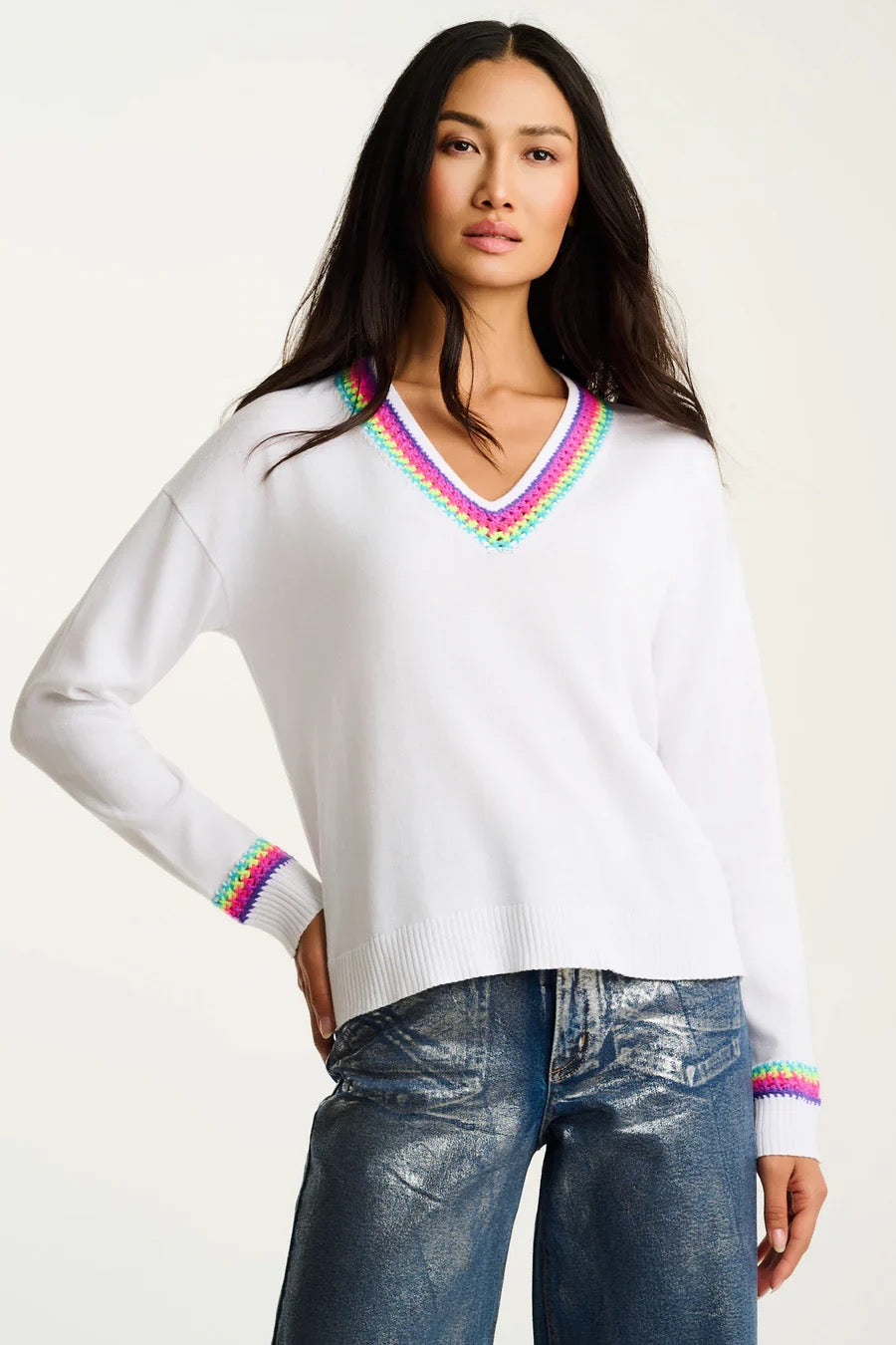 Lisa Todd International In The Mix sweater, stylish knit tops with a cozy fit, shown in a close-up view highlighting the fabric texture.