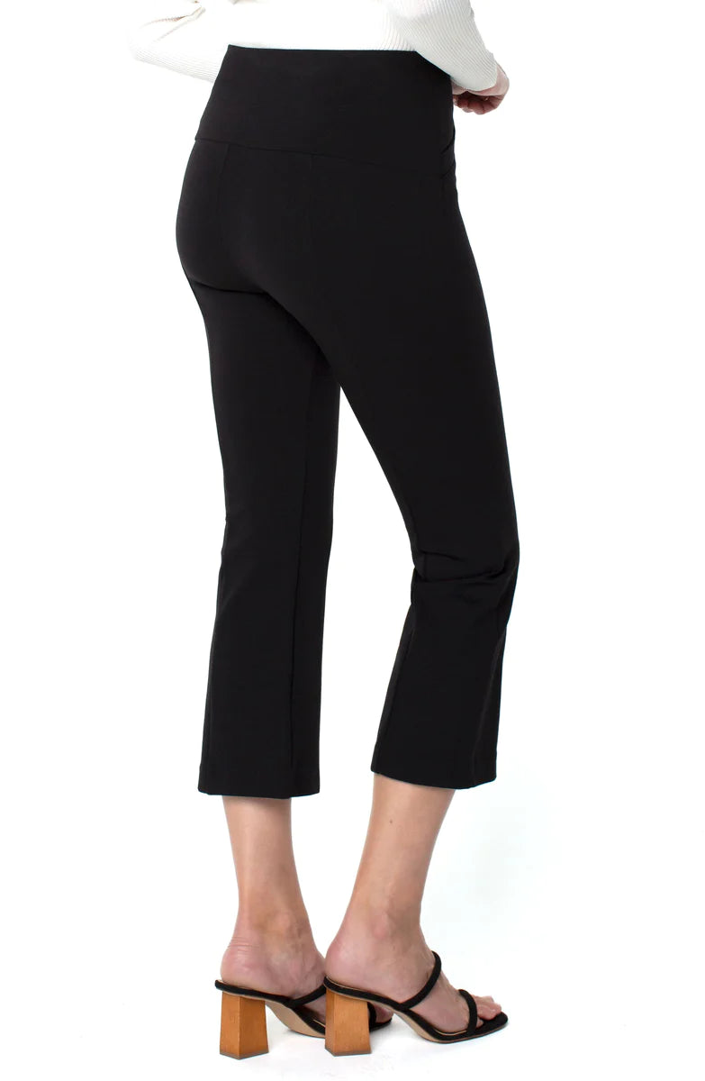Liverpool Jeans Stella Kick Flare Pant, stylish black bottoms with a high waist and flared leg silhouette, shown on a model.