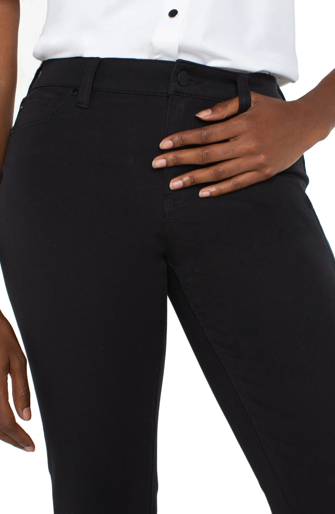 Liverpool Jeans Hannah Crop 25.5 Flare Jean shown in a stylish cropped flare design, denim bottoms with classic stitching and fitted waist.