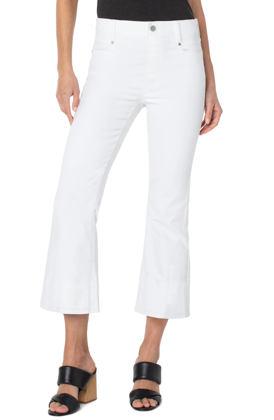 Light-wash Gia crop flare jeans by Liverpool Jeans, showcasing a fitted high-rise style with flared crop legs and classic denim details.