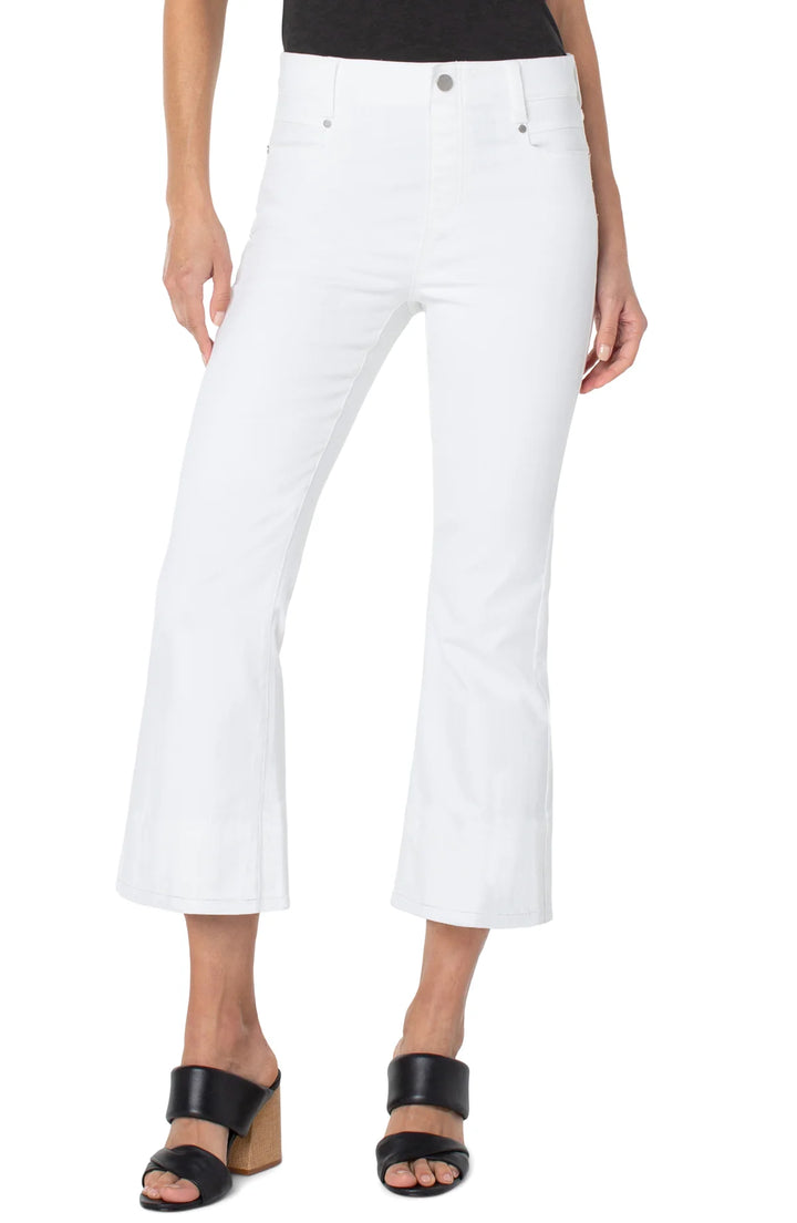 Light-wash Gia crop flare jeans by Liverpool Jeans, showcasing a fitted high-rise style with flared crop legs and classic denim details.