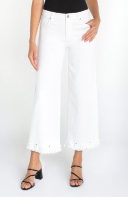 Liverpool Jeans Stripe 26-inch embroidered hem denim bottoms showing the stylish embroidered detail at the hem.