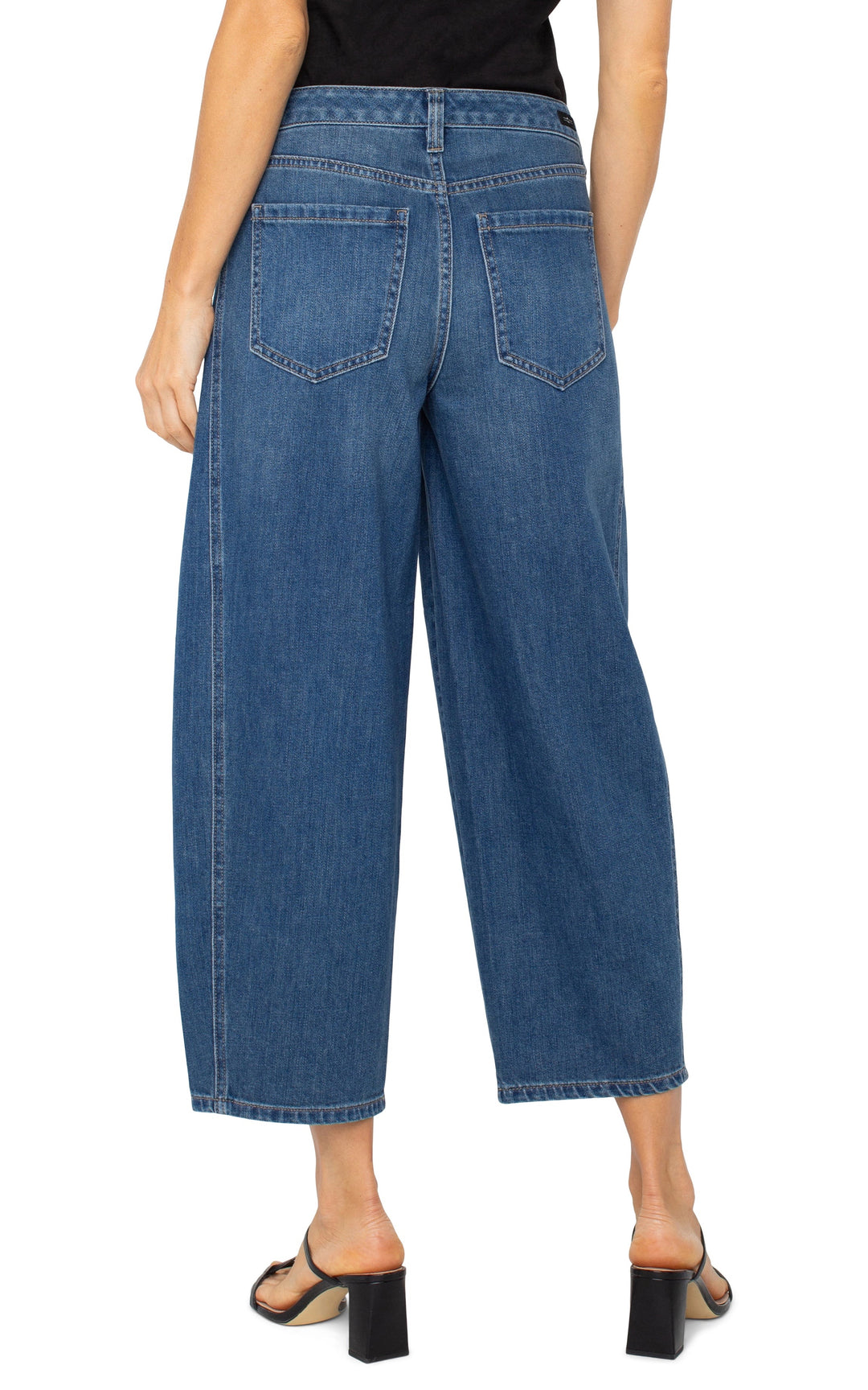 Liverpool Jeans Barrel 26-inch jean with a relaxed fit, classic blue denim, and five-pocket design, shown on a model.