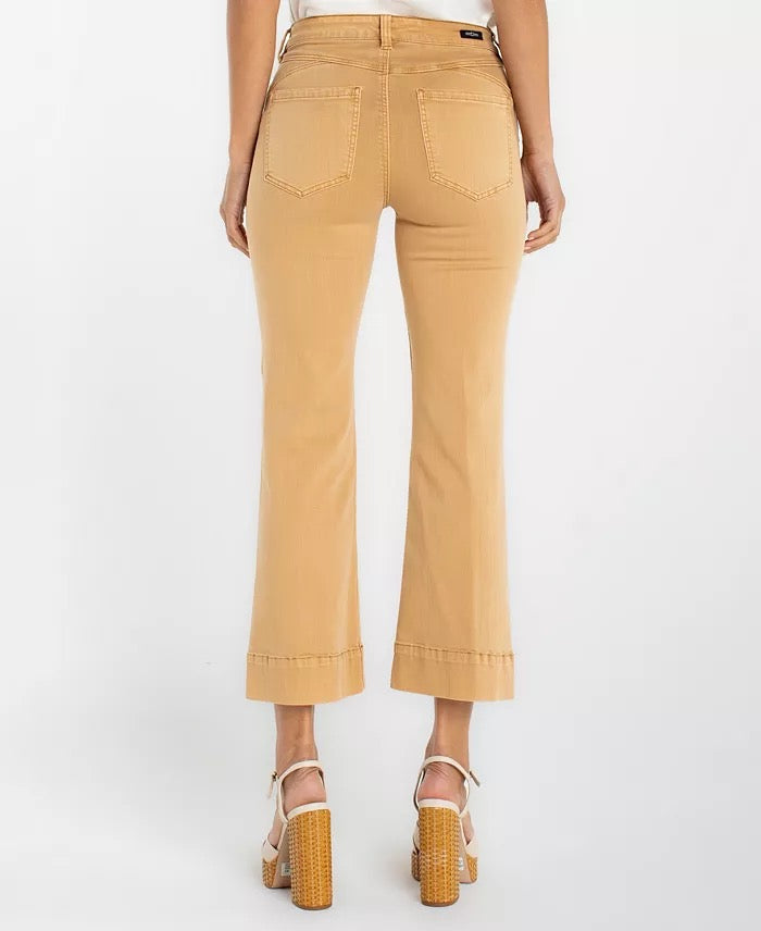 Liverpool Jeans Hannah 25.5 hugger jeans shown in dark wash with a close-up of the fitted bottoms style.