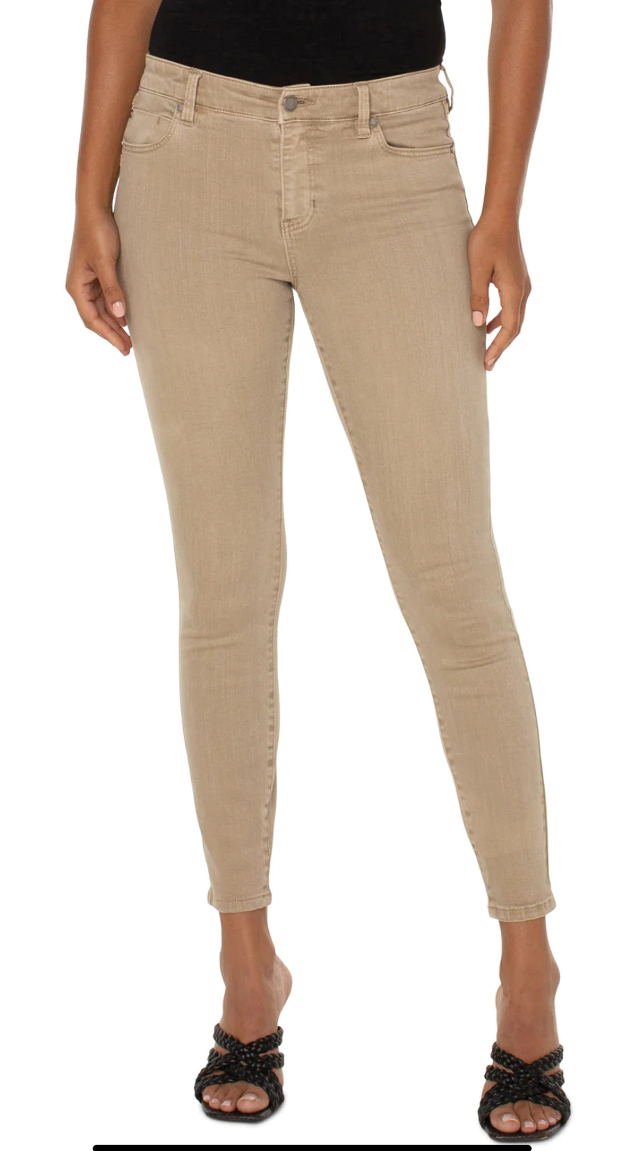 Liverpool Jeans Piper 28-inch hugger jeans, stylish denim bottoms with a comfortable fit, shown on a model.
