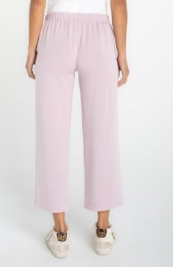 Lilac wide-leg crop pants by Liverpool Jeans, stylish bottoms with a relaxed fit and cropped length, shown on model.