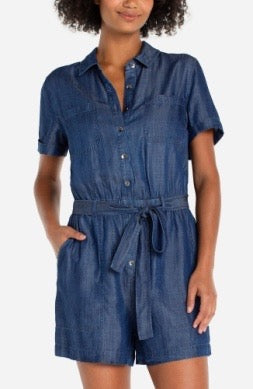 Denim short sleeve romper by Liverpool Jeans, casual bottoms with short sleeves and a relaxed fit, perfect for warm weather.