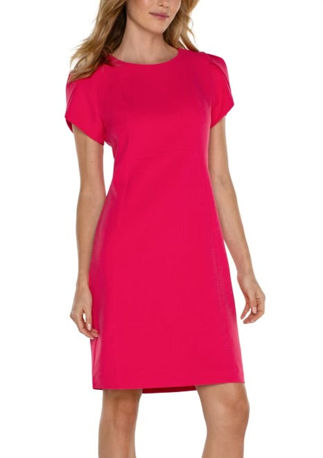 Liverpool Jeans Tulip Sheath Dress, stylish sleeveless dress with a fitted silhouette and elegant neckline, displayed on a hanger.