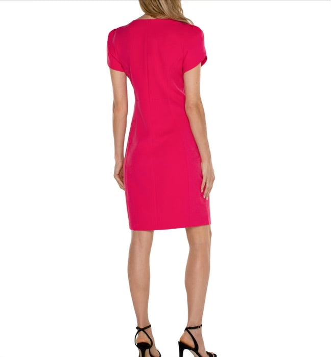 Liverpool Jeans Tulip Sheath Dress displayed on a hanger, showcasing its elegant silhouette and smooth fabric.