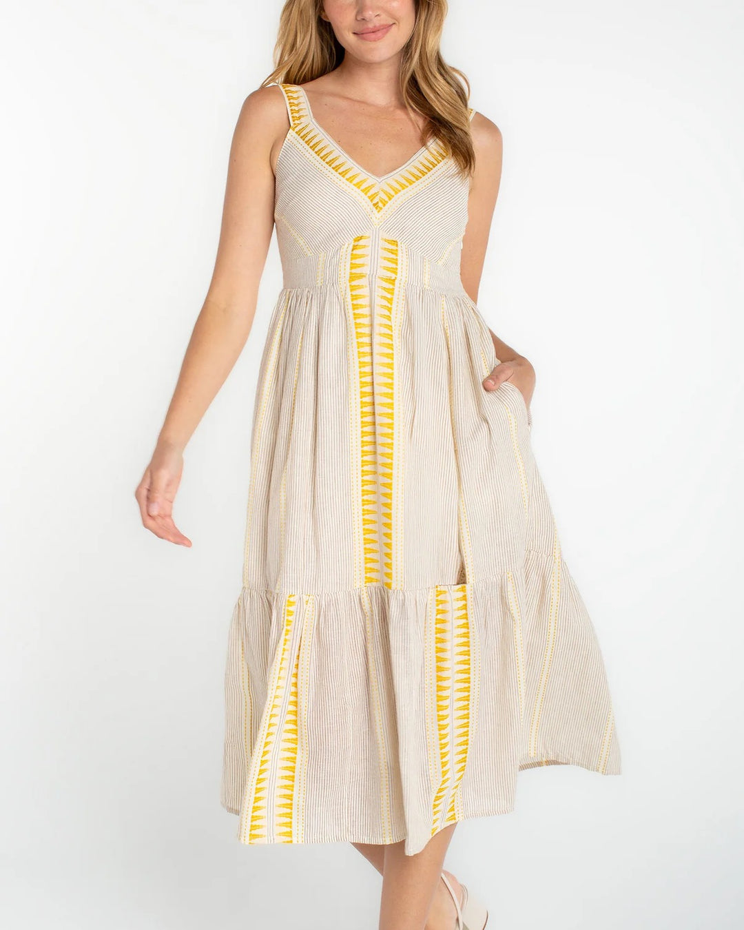 Yellow striped midi dress from Liverpool Jeans featuring a flattering fit and stylish pattern, perfect for casual or semi-formal wear.