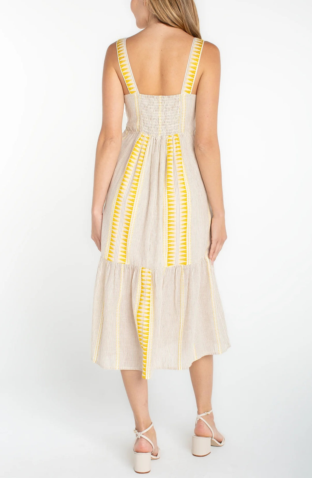 Yellow striped midi dress by Liverpool Jeans, flowing fabric with a fitted waist and sleeveless design, perfect for summer wear.