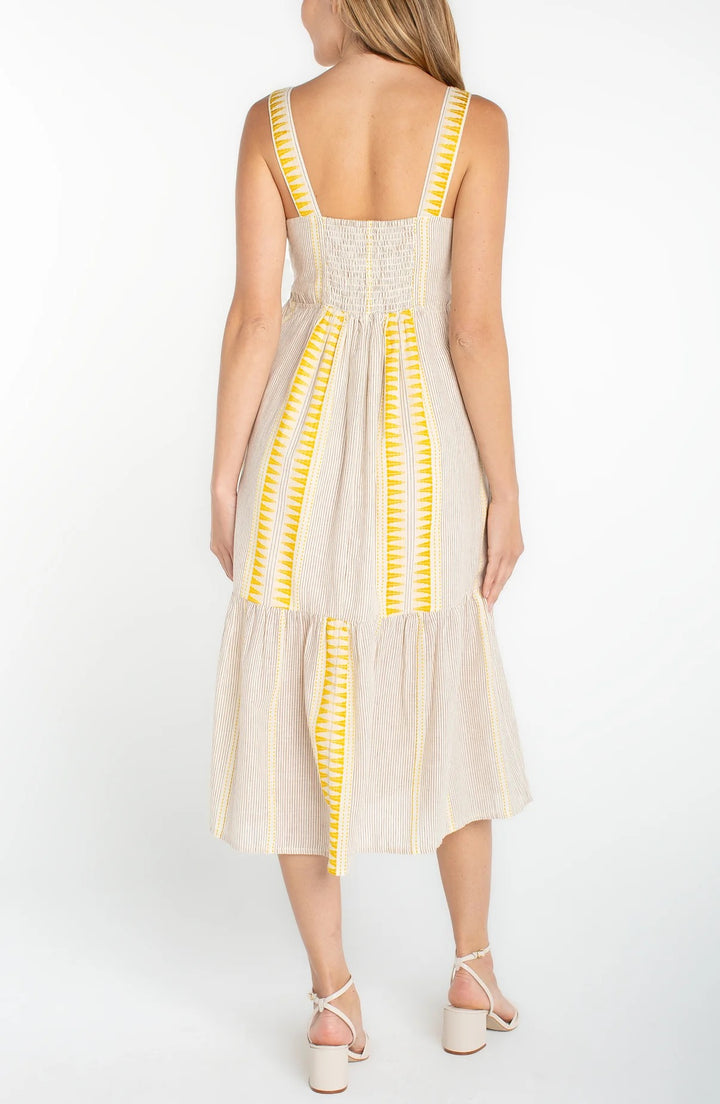 Yellow striped midi dress by Liverpool Jeans, flowing fabric with a fitted waist and sleeveless design, perfect for summer wear.