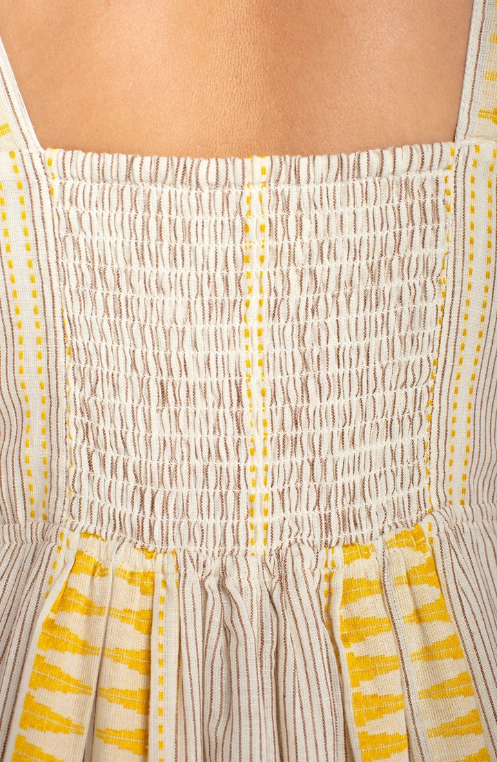 Yellow striped midi-dress by Liverpool Jeans, featuring a fitted bodice and flowing skirt, perfect for casual or semi-formal wear.