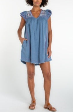 Liverpool Jeans flutter sleeve mini dress featuring a fitted silhouette and soft fabric, perfect for casual or semi-formal occasions.