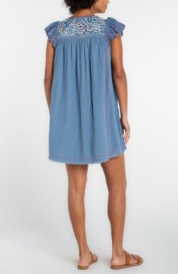 Liverpool Jeans flutter sleeve mini dress featuring a fitted silhouette and stylish flutter sleeves, perfect for casual wear.
