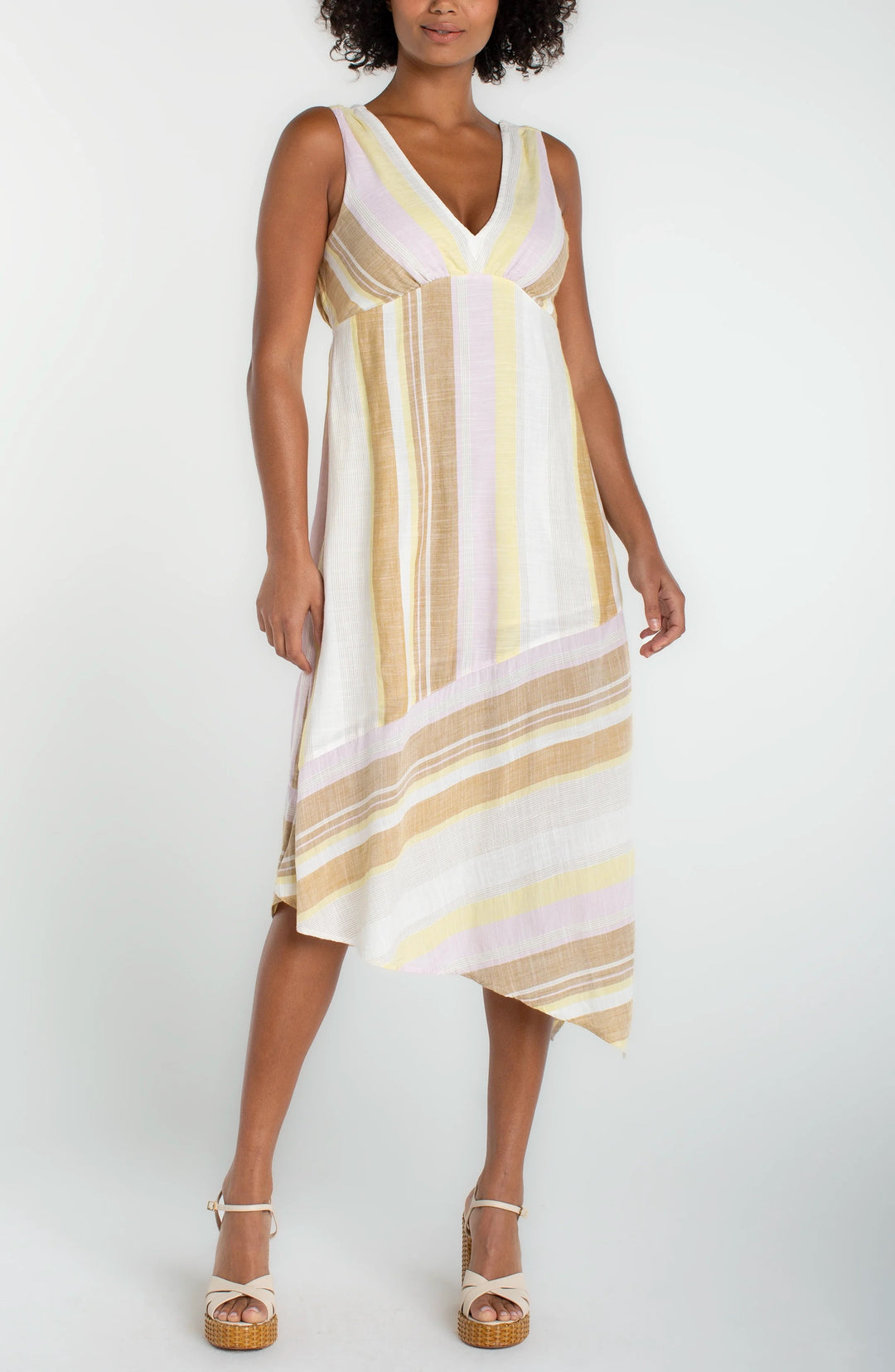 Neopolitan Stripe Dress by Liverpool Jeans, casual dress with colorful striped pattern, sleeveless design, and fitted silhouette.