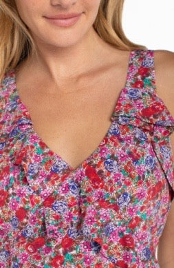 Liverpool Jeans sleeveless ruffle maxi dress with flowing fabric and ruffle details, perfect for summer or casual outings.