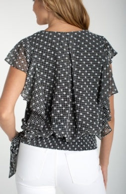Liverpool Jeans ruffle sleeve draped blouse, featuring soft fabric and stylish ruffle accents, shown on a model.
