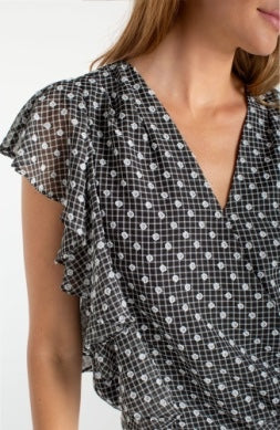 Liverpool Jeans ruffle sleeve draped blouse, stylish tops with flowy fabric and elegant ruffle details, perfect for casual or dressy wear.