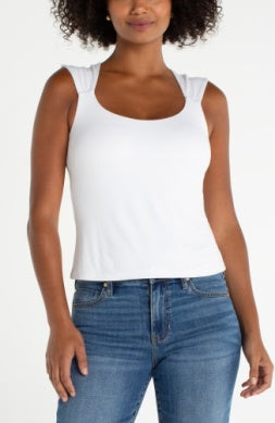Liverpool Jeans built-in bra sleeveless top, beige fabric, close-up view highlighting the neckline and sleeveless design.