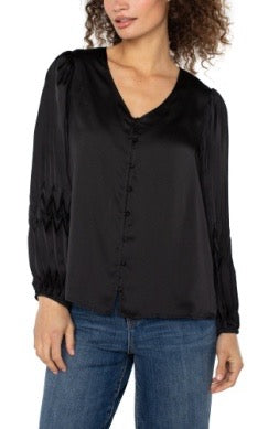 Liverpool Jeans pleated sleeve blouse, stylish tops with elegant pleated sleeves, shown in a close-up front view.