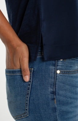 Liverpool Jeans sleeveless mixed media top with layered fabric and stylish design, perfect for casual or semi-formal wear.