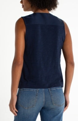 Liverpool Jeans sleeveless mixed media top with patterned fabric and solid accents, stylish and casual for everyday wear.