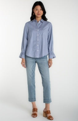 Adjustable sleeve blouse from Liverpool Jeans, featuring lightweight fabric and stylish design, shown on a hanger.