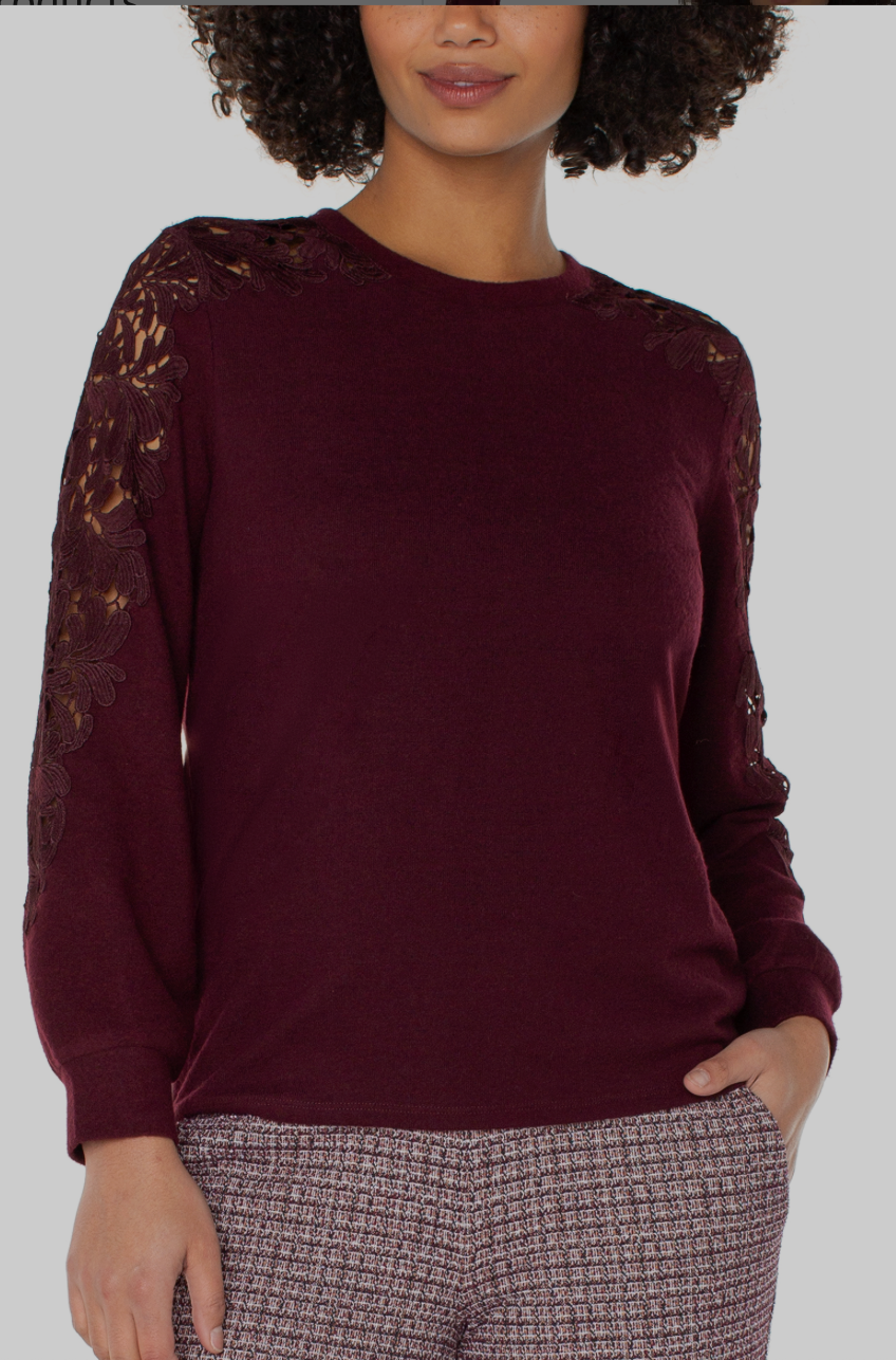 Lace sleeve knit top from Liverpool Jeans featuring a stylish design with lace accents and a comfortable fit.