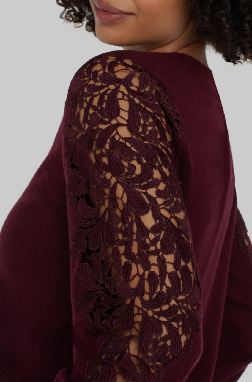 Lace sleeve knit top from Liverpool Jeans featuring a stylish design with lace detail on the sleeves and a cozy knit fabric.