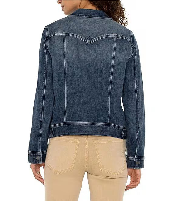 Liverpool Jeans classic jean jacket in Ponderay, casual tops with a button-up front and chest pockets, styled on a hanger.