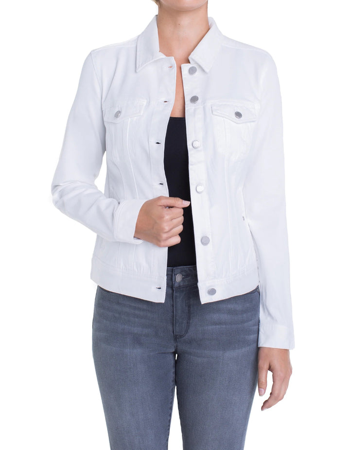 Classic white jean jacket from Liverpool Jeans, showing front view with button closure, chest pockets, and collar details.