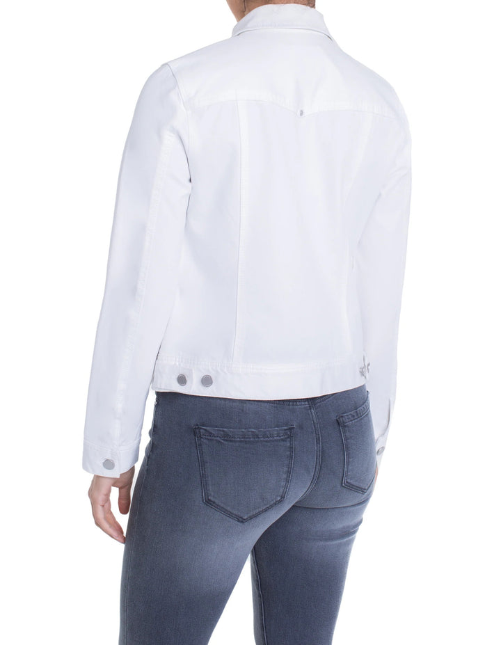 Liverpool Jeans classic white jean jacket, casual tops with button-front and collar, displayed on a hanger.