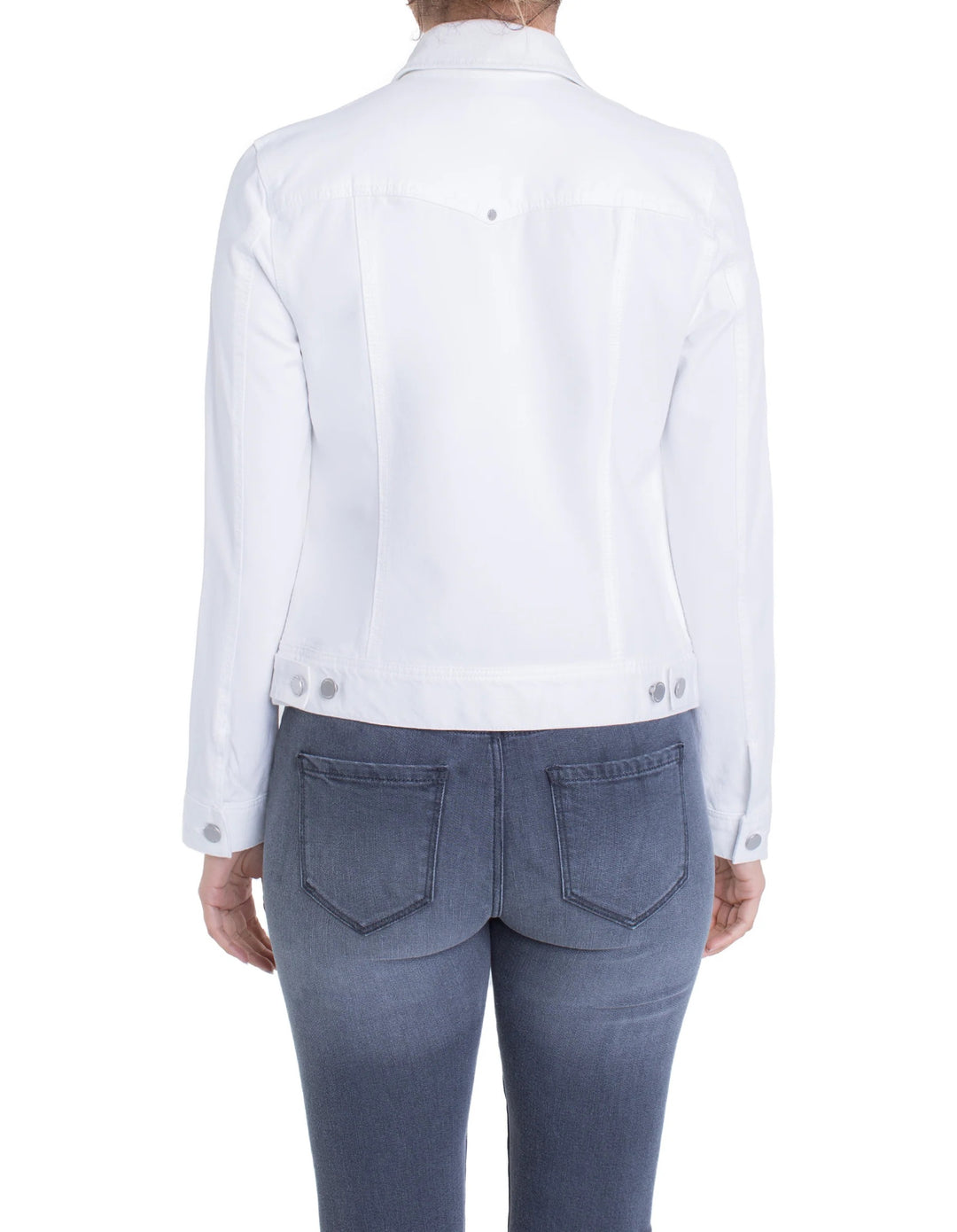 Liverpool Jeans Classic White Jean Jacket, stylish tops with button-front closure and chest pockets, casual and versatile.