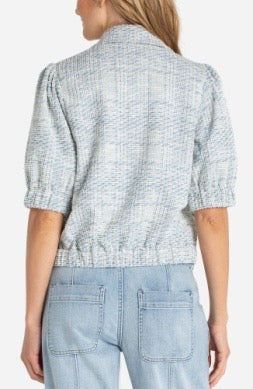 Liverpool Jeans puff crop plaid jacket, stylish plaid pattern, short crop top style, with puffed sleeves and collar detail.