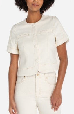Liverpool Jeans short sleeve cropped jacket, lightweight tops in a versatile design, shown in a neutral fabric and fit.