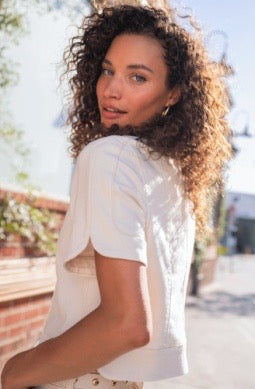 Liverpool Jeans short sleeve cropped jacket, stylish tops with a fitted design, displayed on a hanger.