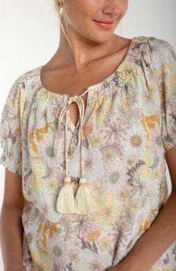 Liverpool Jeans floral tie woven blouse featuring a colorful floral pattern and lightweight fabric, perfect for casual wear.