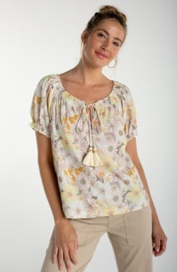 Floral tie woven blouse from Liverpool Jeans tops collection, featuring a colorful floral pattern and tied front design.