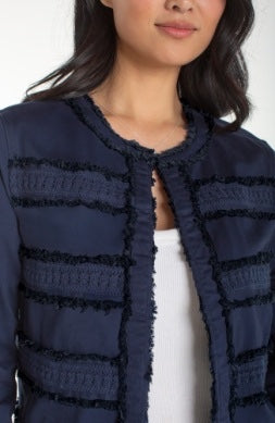 Light blue Fray & Lace crop jacket from Liverpool Jeans, styled as a trendy tops with frayed edges and lace details.