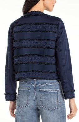 Liverpool Jeans Fray & Lace Crop Jacket tops with distressed denim and lace details, styled on a hanger.