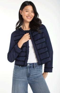 Liverpool Jeans Fray & Lace crop jacket, stylish tops with distressed denim and lace details, shown on a model.